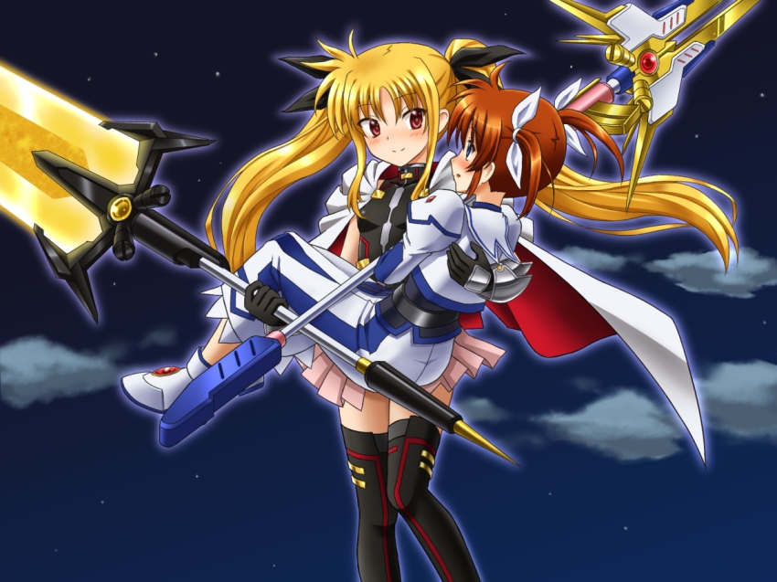 2girls armor bardiche_(nanoha) bardiche_(zanber_form)_(nanoha) blonde_hair blue_eyes blush brown_hair cape carrying cloud dress energy_sword fate_testarossa fate_testarossa_(blaze_form) gloves hair_ribbon long_hair long_sleeves lyrical_nanoha magical_girl mahou_shoujo_lyrical_nanoha mahou_shoujo_lyrical_nanoha_a&#039;s mahou_shoujo_lyrical_nanoha_innocent mahou_shoujo_lyrical_nanoha_the_movie_2nd_a&#039;s multiple_girls princess_carry puffy_sleeves raising_heart raising_heart_(exelion_mode)_(2nd) red_eyes ribbon short_twintails skirt sky sleeveless smile soresuthia star_(sky) starry_sky sword takamachi_nanoha takamachi_nanoha_(exelion_mode) twintails weapon yuri