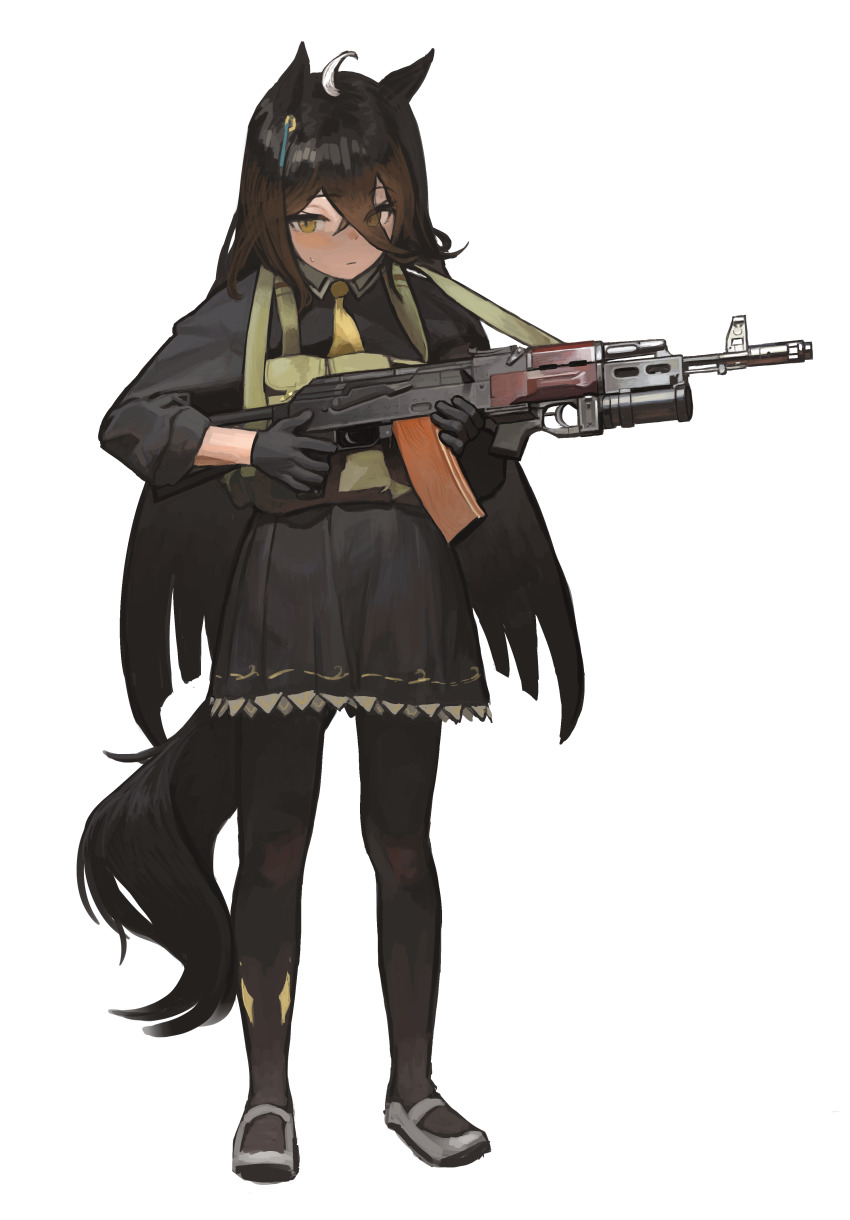 1girl absurdres ahoge ak-74 aks-74 animal_ears assault_rifle black_gloves black_hair black_pantyhose black_shirt black_skirt full_body garoppui gloves grey_footwear gun hair_between_eyes hands_up highres holding holding_gun holding_weapon horse_girl kalashnikov_rifle long_bangs long_hair long_sleeves manhattan_cafe_(umamusume) necktie pantyhose pleated_skirt rifle shirt skirt solo standing strap sweatdrop tail umamusume weapon white_background white_hair yellow_eyes yellow_necktie