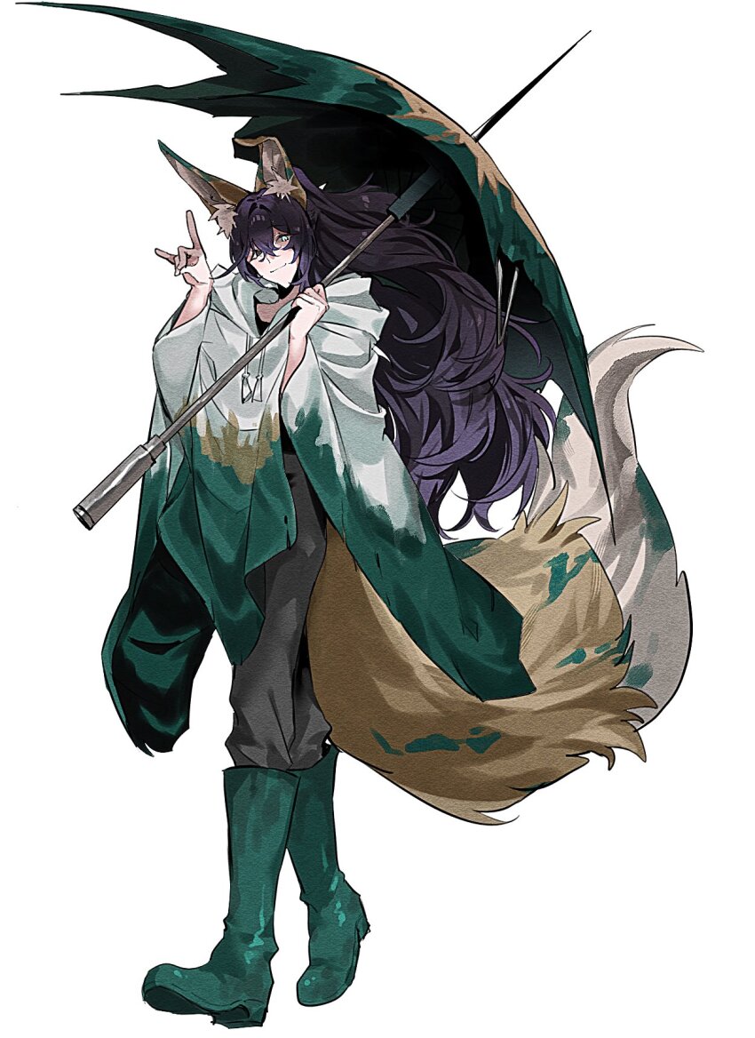 1boy alternate_costume animal_ear_fluff animal_ears black_hair boots e.g.o_(project_moon) fox_boy fox_ears fox_shadow_puppet fox_tail full_body green_boots highres holding holding_umbrella hong_lu_(project_moon) limbus_company long_hair male_focus project_moon raincoat shiba_prmn simple_background smile solo standing sunshower_(e.g.o) tail umbrella white_background