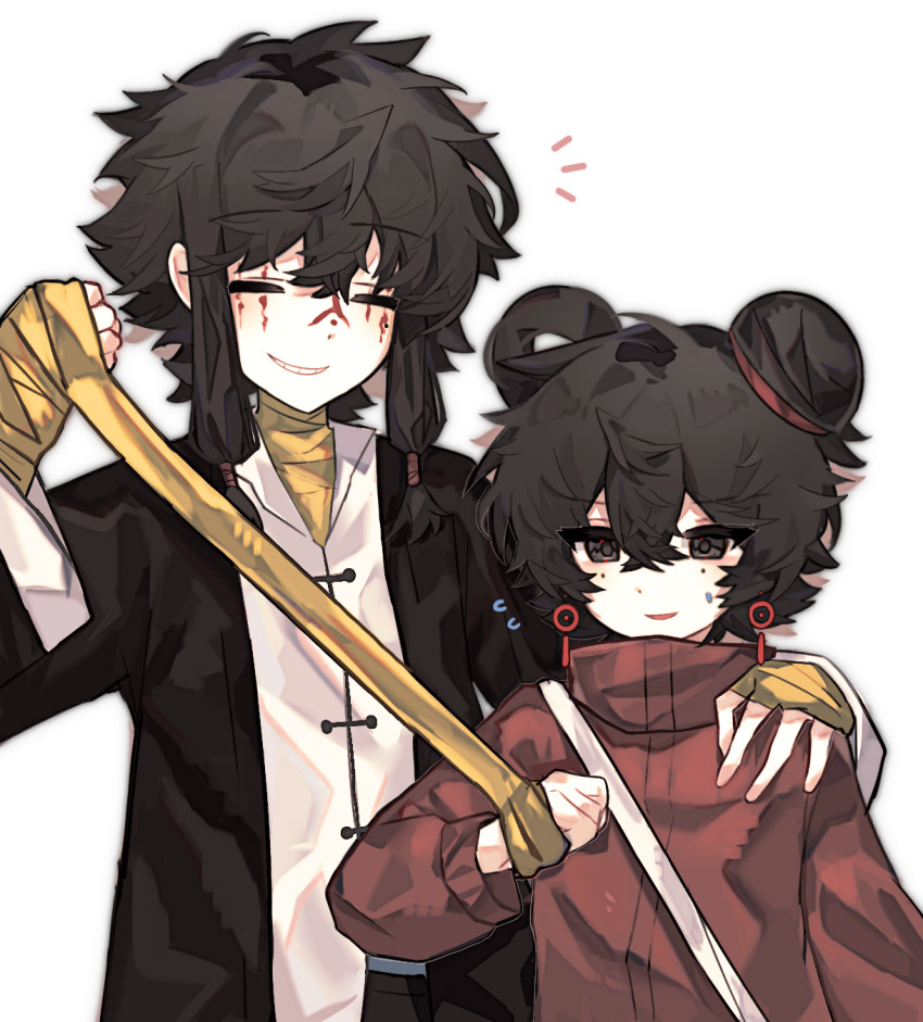 1boy 1girl bandaged_hand bandaged_neck bandages black_eyes black_hair black_jacket chinese_commentary closed_eyes commentary_request earrings facepaint flying_sweatdrops grin hair_between_eyes hair_bun hair_rings hand_on_another&#039;s_shoulder height_difference high_collar highres jacket jewelry li_yuting_(female) long_sleeves low-tied_sidelocks mole mole_under_each_eye mole_under_eye multiple_moles nervous_smile notice_lines open_clothes open_jacket open_mouth red_jacket shirt short_hair short_hair_with_long_locks sidelocks simple_background single_hair_bun single_hair_ring smile sweat touqi_guaitan upper_body variant_set white_background white_shirt zhixiang_chifan ziche_fuzhao