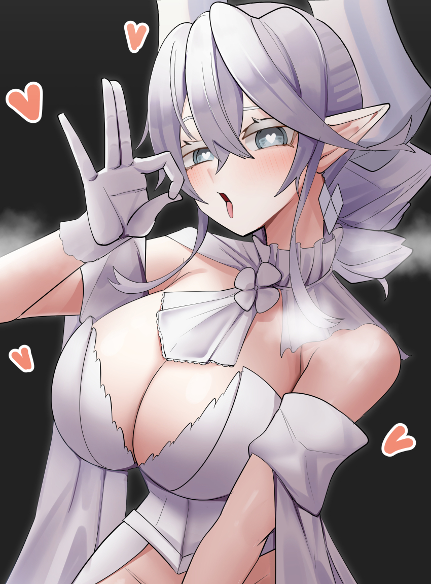 1girl absurdres bare_shoulders black_background blush breasts cleavage cotan_(actancyaga) demon_girl demon_horns dress drill_hair duel_monster fellatio_gesture grey_eyes grey_hair heart heart-shaped_pupils highres horns large_breasts looking_at_viewer lovely_labrynth_of_the_silver_castle pointy_ears simple_background solo strapless strapless_dress symbol-shaped_pupils twin_drills upper_body white_dress yu-gi-oh!