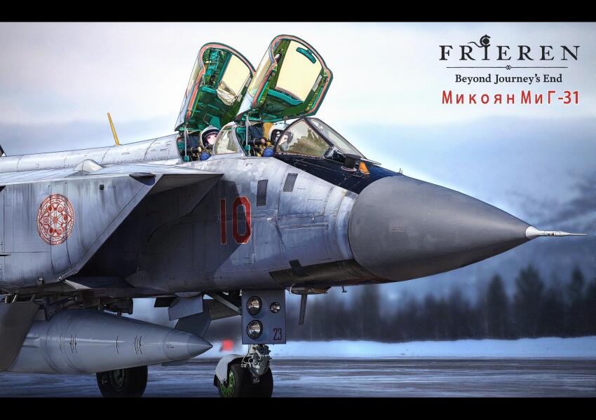 2girls absurdres aircraft airplane cockpit fern_(sousou_no_frieren) fighter_jet firefighter frieren green_eyes helmet highres looking_at_viewer mecha_pilot_suit mig-31 mig-31_firefox military_vehicle multiple_girls open_cockpit outdoors pilot pilot_helmet purple_eyes purple_hair russian_text sky snow sousou_no_frieren tiewan tree