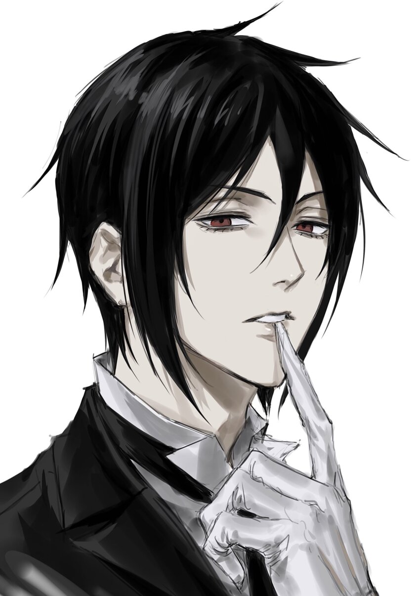 1boy black_hair eyelashes gloves highres kuroshitsuji lips male_focus pale_skin red_eyes sebastian_michaelis solo sso_s teeth white_background white_gloves