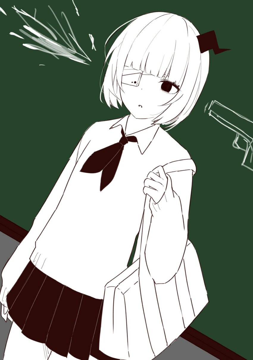 1girl :o bag bandaged_head bandages black_eyes black_horns blonde_hair blunt_bangs cardigan cellphone chalkboard collared_shirt dutch_angle e2ze2 empty_eyes eyepatch green_neckerchief highres holding holding_bag horns long_sleeves miniskirt monochrome neckerchief open_mouth phone phone_eyepatch puffy_sleeves ruru_(shinsei_kamattechan) school_bag shinsei_kamattechan shirt short_hair single_horn skirt solo standing stuffed_animal stuffed_mouse stuffed_toy sweater thighs