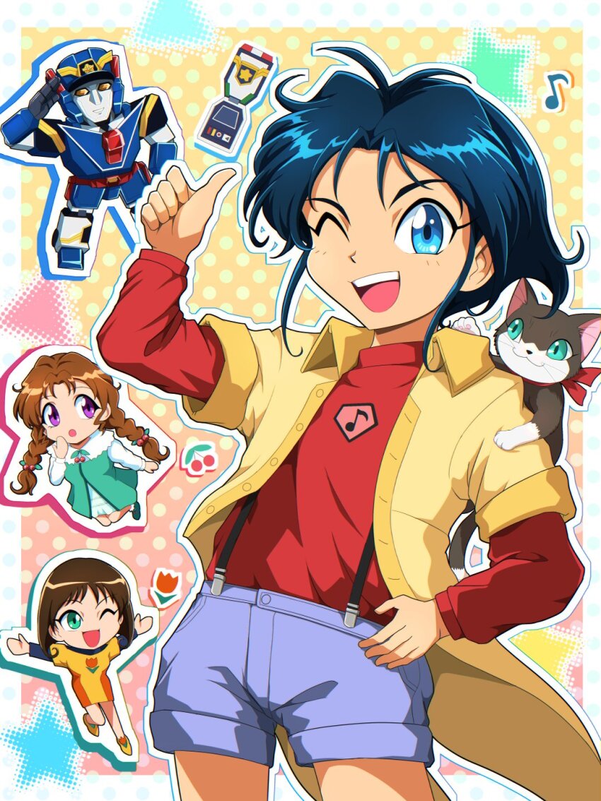 1boy 2girls animal animal_ears animal_on_shoulder black_hair blue_eyes braid brother_and_sister brown_hair cat cat_ears cat_tail commentary_request deckerd green_eyes highres long_hair mamiya_myanmar mecha multiple_girls musical_note open_mouth orange_eyes purple_eyes robot short_hair siblings sisters smile super_robot tail tomonaga_azuki tomonaga_kurumi tomonaga_yuuta twin_braids wooden_deck yuusha_keisatsu_j-decker yuusha_series