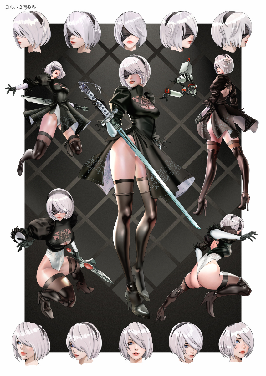 1girl 2b_(nier:automata) absurdres black_background black_blindfold black_boots black_dress black_gloves black_hairband black_thighhighs blindfold blue_eyes boots border breasts closed_mouth clothing_cutout commentary dagger dress elolaillustrator english_commentary feather-trimmed_sleeves gloves hair_over_one_eye hairband headband high_heels highres holding holding_dagger holding_knife holding_sword holding_weapon knife medium_breasts mole mole_under_mouth multiple_views nier:automata nier_(series) open_mouth outside_border parted_lips pod_(nier:automata) red_lips robot short_hair solo sword teeth thigh_boots thighhighs thighhighs_under_boots two-tone_gloves upper_teeth_only weapon white_border white_gloves white_hair