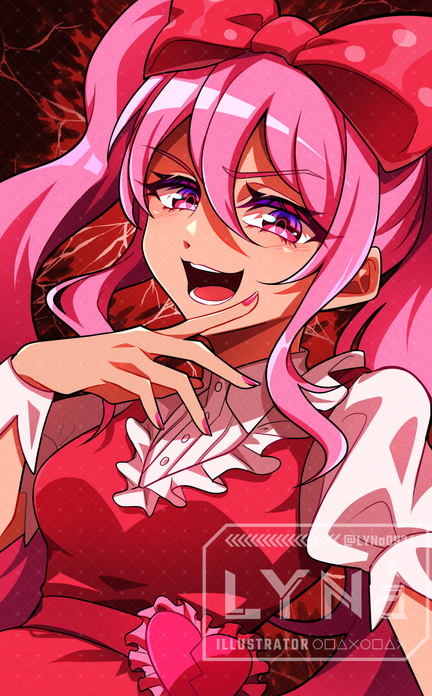 1girl :d absurdres belt bow breasts collared_shirt commentary_request dark-skinned_female dark_skin double-parted_bangs dress finger_to_own_chin frills hair_between_eyes hair_bow hand_up heart_belt highres long_hair looking_at_viewer lyna_(lyna0924) medium_breasts nail_polish omori open_mouth pink_eyes pink_hair pink_nails polka_dot polka_dot_bow puffy_short_sleeves puffy_sleeves red_background red_belt red_bow red_dress shirt short_sleeves sidelocks simple_background smile solo sweetheart_(omori) teeth tongue twintails upper_body v-shaped_eyebrows watermark white_shirt white_wrist_cuffs wrist_cuffs