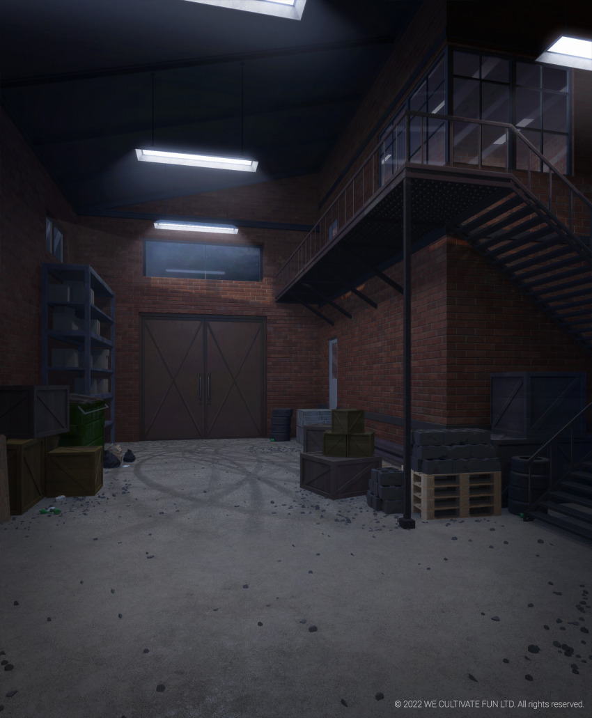 3d box brick brick_wall cargo_pallet ceiling ceiling_light cinder_block door factory gate highres indoors interior no_humans original scenery shadow shelf skid_mark spare_tire stairs surafin unused_tire wall window wooden_box