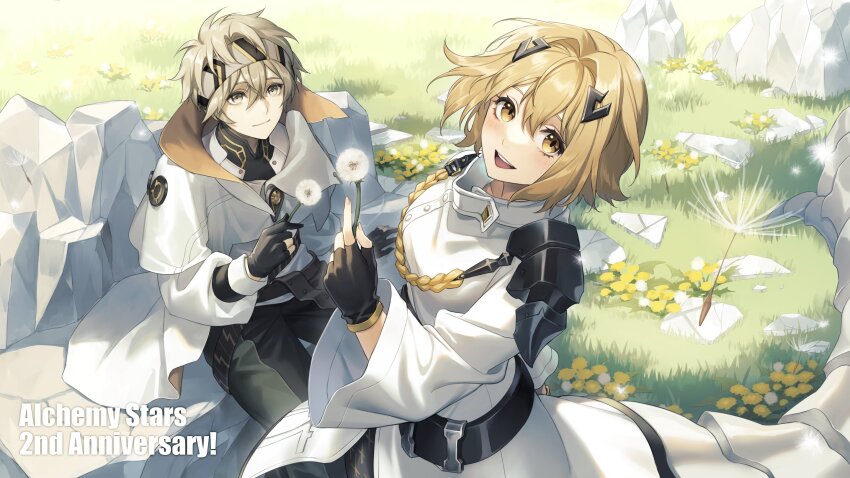 1boy 1girl aiguillette alchemy_stars anniversary armor belt black_gloves black_pants blonde_hair breasts brown_eyes capelet closed_mouth copyright_name dandelion dandelion_seed fingerless_gloves flower gloves grass headband highres jacket long_sleeves looking_at_another looking_at_viewer navigator_(alchemy_stars) open_mouth outdoors pants partially_fingerless_gloves rock rosa_(hoshino) shoulder_armor sitting small_breasts smile standing tail vice_(alchemy_stars) white_jacket yellow_eyes