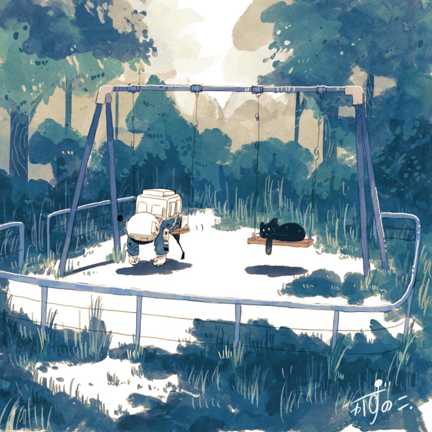 1other absurdres artist_name back black_cat blue_jacket cat commentary gloves grass hanging hanging_legs helmet highres jacket kazunoko_(kazunoko_zunoco) on_swing original other_focus outdoors radio_antenna railing signature space_helmet swing tree whiskers white_gloves yellow_eyes