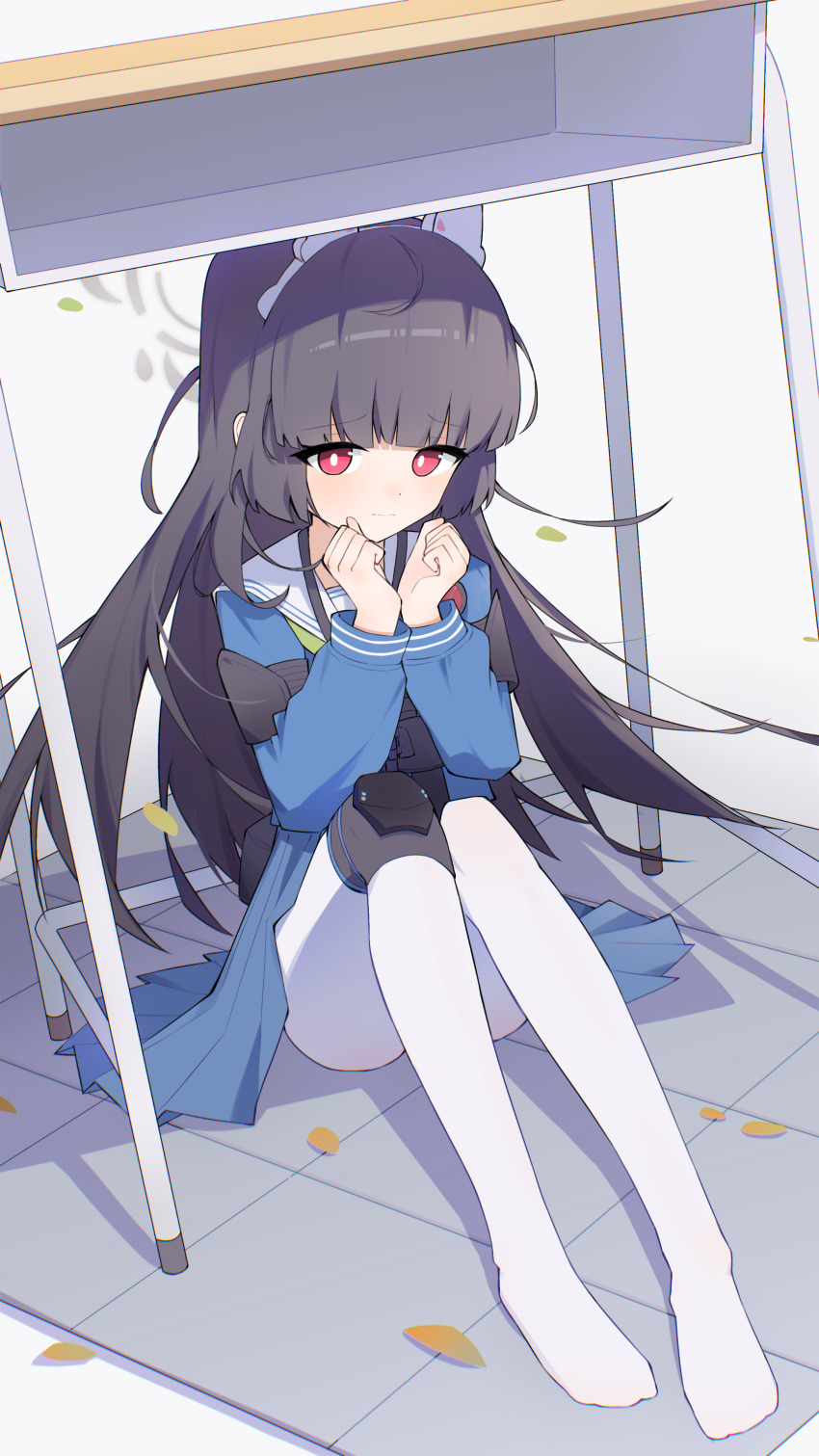 1girl absurdres animal_ears anleewind black_hair blue_archive blue_skirt bright_pupils closed_mouth falling_leaves grey_halo halo highres leaf long_hair looking_at_viewer miyu_(blue_archive) no_shoes pantyhose red_eyes sitting skirt solo very_long_hair white_pantyhose white_pupils