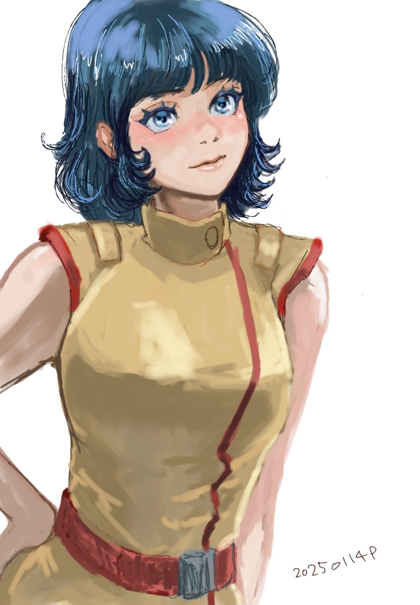 1girl 2025 aeug bare_shoulders belt belt_buckle black_hair blue_eyes buckle dated detached_sleeves fa_yuiry gundam highres looking_at_viewer medium_hair military_uniform okrdisk2000 orange_belt science_fiction simple_background solo vest white_background zeta_gundam
