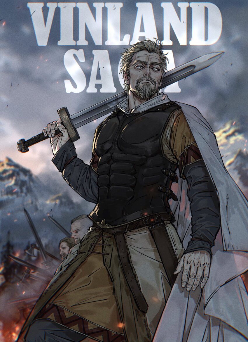 1boy absurdres armor askeladd battlefield beard cape closed_mouth connected_beard copyright_name facial_hair fingernails grey_sky highres holding holding_sword holding_weapon long_sleeves looking_to_the_side male_focus mature_male nyeigneous outdoors over_shoulder sky solo sword sword_over_shoulder vinland_saga weapon weapon_over_shoulder white_cape