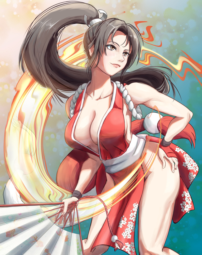 1girl absurdres black_hair breasts brown_eyes center_opening cleavage collarbone dress fatal_fury fire floral_print floral_print_dress hand_fan hand_on_own_hip hgus5855 high_ponytail highres holding holding_fan large_breasts long_hair looking_to_the_side motoyui paper_fan pelvic_curtain ponytail red_dress revealing_clothes shiranui_mai solo the_king_of_fighters thighs