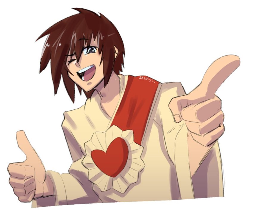 1boy artist_name brown_hair brown_robe buddy_christ commentary cosmikaizer cosplay dogma_(movie) english_commentary gundam gundam_seed jesus jesus_(cosplay) kira_yamato looking_to_the_side male_focus meme one_eye_closed open_mouth purple_eyes robe smile solo the_bible thumbs_up upper_body white_background