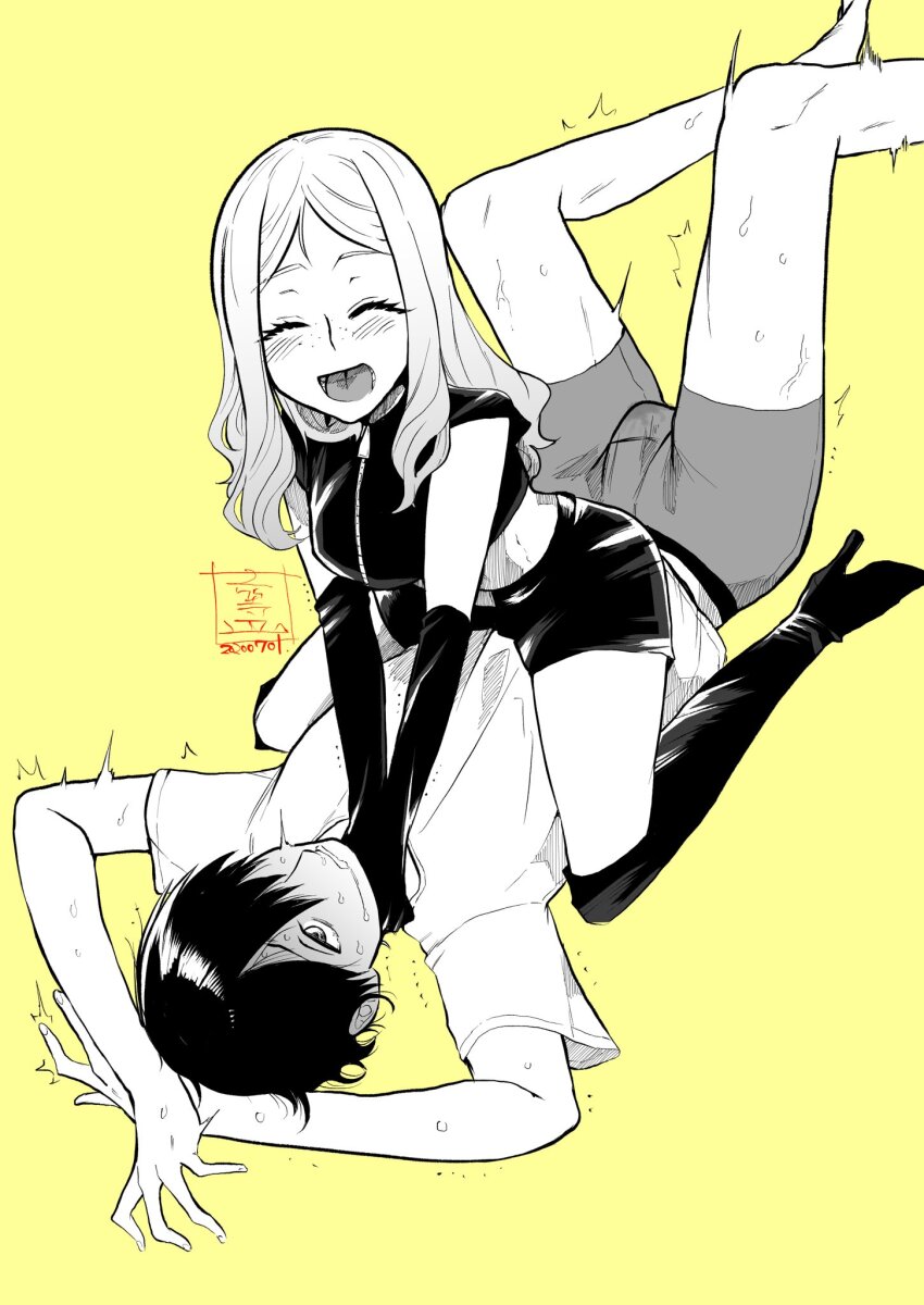 1boy 1girl :d blush dominatrix femdom hand_around_neck hiero0301 highres kneehighs open_mouth shorts sitting sitting_on_person smile socks strangling yellow_background