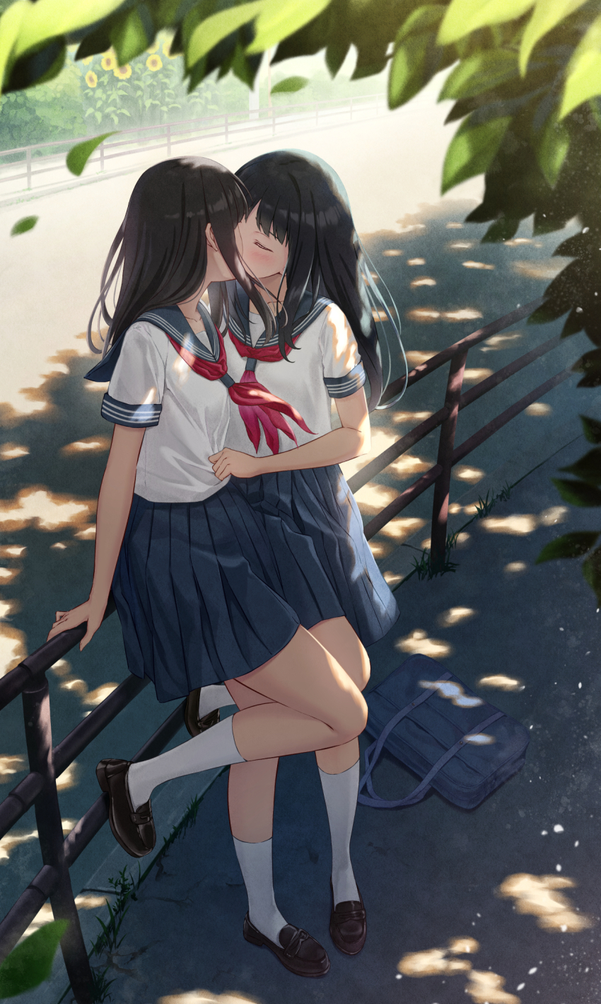 2girls against_railing bag black_footwear black_hair blue_sailor_collar blue_skirt brown_hair closed_eyes clothes_grab commentary_request day full_body highres kiss light_particles loafers long_hair multiple_girls neckerchief nuenue original outdoors pleated_skirt railing red_neckerchief road sailor_collar school_bag school_uniform serafuku shirt shirt_grab shoes short_sleeves skirt socks tree white_shirt white_socks yuri