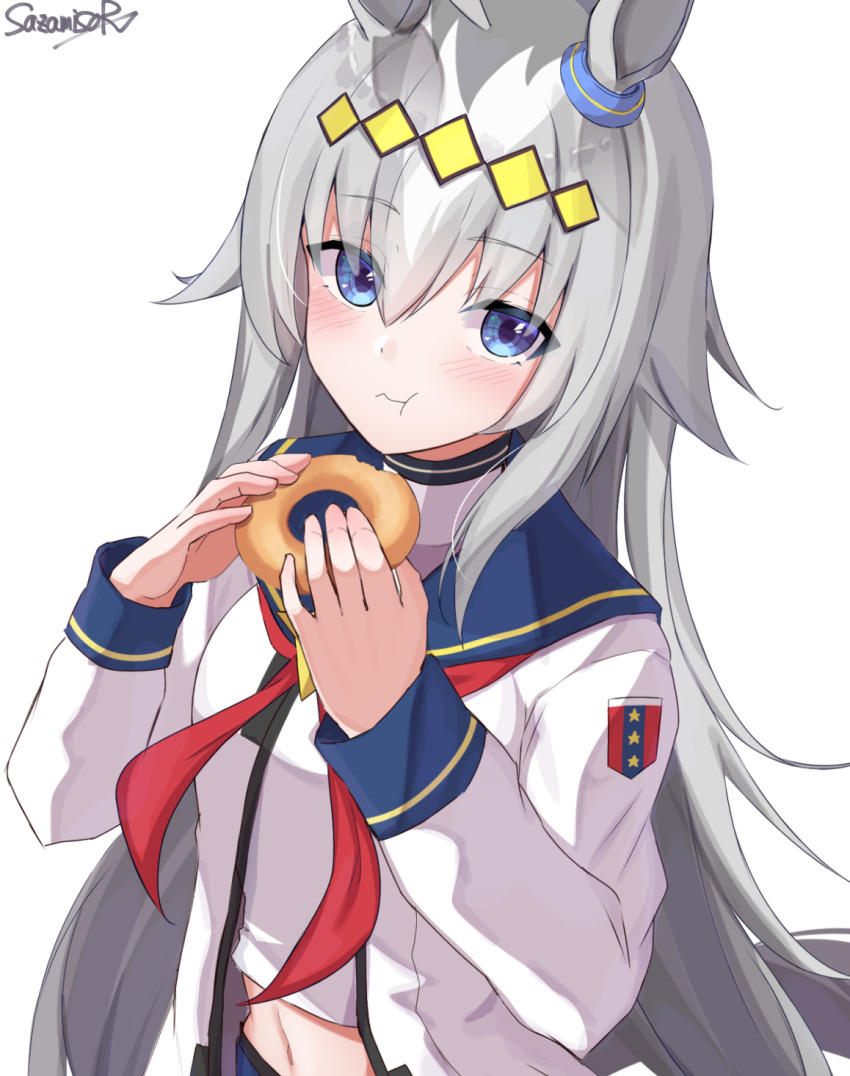1girl :t ahoge animal_ears blue_eyes blue_sailor_collar commentary donut ear_ornament eating emblem food grey_hair hair_ornament highres holding holding_food horse_ears horse_girl horse_tail long_hair long_sleeves looking_at_viewer midriff multicolored_hair navel neckerchief oguri_cap_(umamusume) red_neckerchief sailor_collar sailor_shirt sazamiso_rx shirt signature simple_background solo tail umamusume upper_body very_long_hair white_background white_shirt