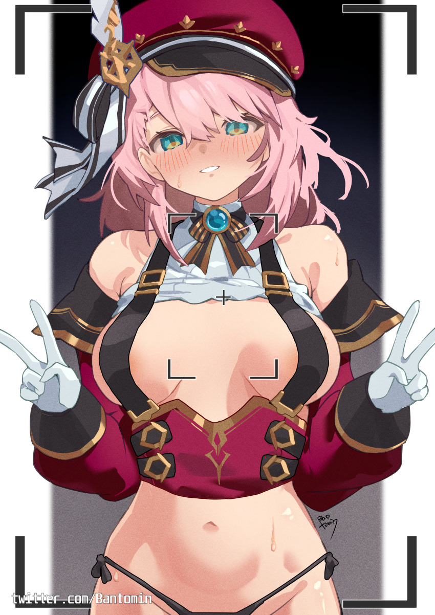 1girl absurdres artist_name bantomin bare_shoulders black_background black_panties blush border breasts breasts_apart brooch cabbie_hat charlotte_(genshin_impact) clothes_lift commentary detached_sleeves double_v genshin_impact gloves gradient_background green_eyes grey_background grin hat hat_feather hat_ribbon highres jewelry large_breasts large_variant_set looking_at_viewer medium_hair naked_suspenders navel outside_border panties pillarboxed pink_hair red_hat red_sleeves ribbon shirt shirt_lift side-tie_panties sleeveless sleeveless_shirt smile solo stomach straight-on suspenders sweat twitter_username underwear upper_body v variant_set viewfinder watermark web_address white_border white_gloves white_shirt