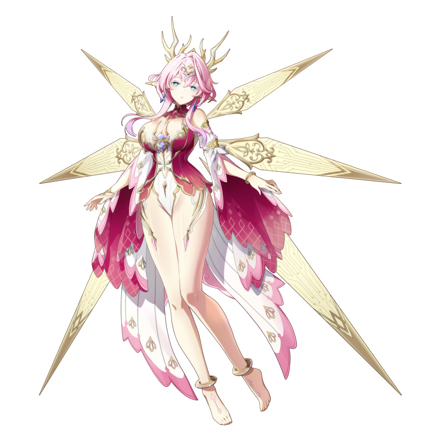 1girl absurdres anklet bare_legs bare_shoulders barefoot blue_eyes breasts bright_pupils bug circuit_board_print cleavage detached_sleeves detached_wings double-parted_bangs elf eversoul fairy_wings floating full_body game_cg gem gold_headdress hair_between_eyes hair_ornament highleg highleg_leotard highres jewelry large_breasts legs_together leotard light_blush multicolored_leotard multiple_wings official_alternate_color official_alternate_eye_color official_alternate_hair_color official_art palette_swap parted_lips pink_hair pink_leotard pointy_ears short_hair short_sleeves solo spider tachi-e transparent_background two-tone_leotard waist_cape wheri_(eversoul) white_pupils wings