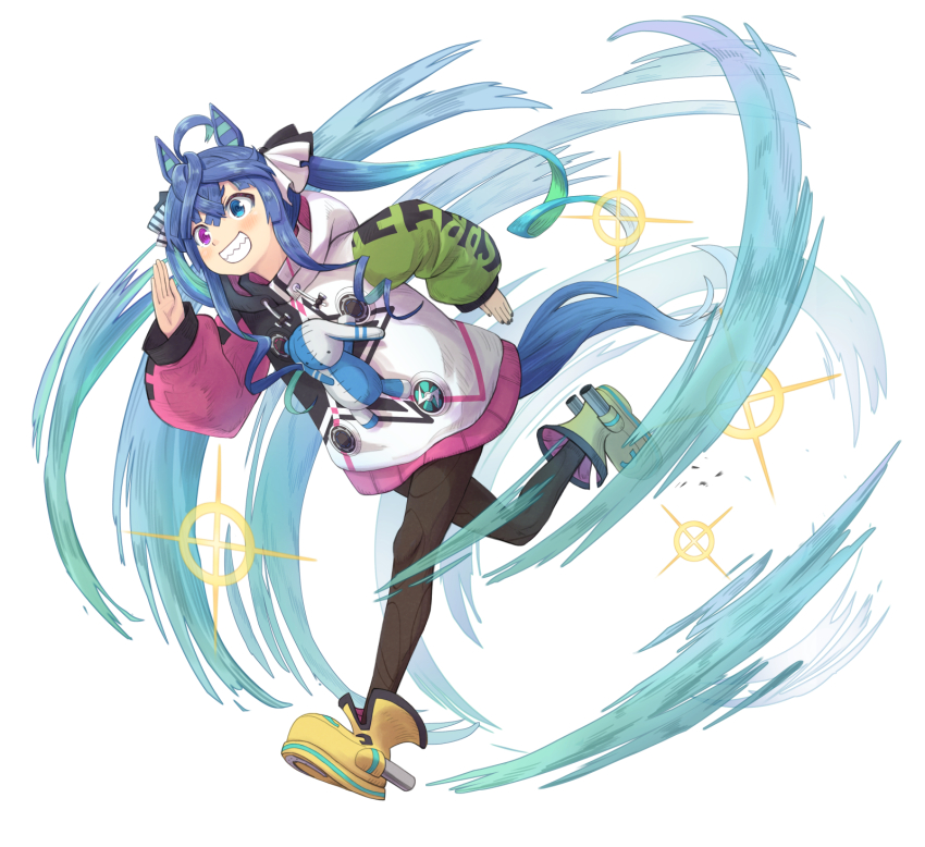 1girl @_@ ahoge air_current animal_ears aqua_hair black_nails blue_eyes blue_hair blush boots bow clothes_writing commentary_request crossed_bangs drawstring full_body grin hair_bow hand_up haniwa_(leaf_garden) heterochromia highres hood hoodie horse_ears horse_girl horse_tail leg_up leggings long_hair long_sleeves looking_ahead multicolored_hair multicolored_hoodie nail_polish partial_commentary purple_eyes running sharp_teeth sidelocks smile solo sparkle striped_bow stuffed_animal stuffed_rabbit stuffed_toy tail teeth twin_turbo_(umamusume) twintails two-tone_hair umamusume visible_air white_background yellow_boots