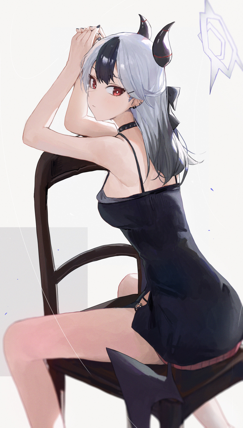 1girl absurdres ass back black_dress black_hair blue_archive bright_pupils chair dress halo highres horns jianjia kayoko_(blue_archive) kayoko_(dress)_(blue_archive) looking_back multicolored_hair red_eyes sitting two-tone_hair white_hair white_halo white_pupils