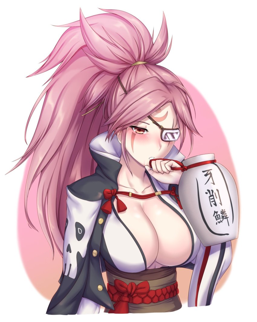 1girl alcohol amputee baiken big_hair black_jacket black_kimono blush breasts cleavage collarbone commentary_request eyepatch facial_tattoo guilty_gear guilty_gear_xrd high_ponytail highres holding_jug jacket jacket_on_shoulders japanese_clothes jug_(bottle) kataginu kimono large_breasts long_hair multicolored_kimono obi one-eyed open_clothes open_kimono pink_eyes pink_hair ponytail samurai sash scar scar_across_eye scar_on_face soukitsu tattoo white_kimono