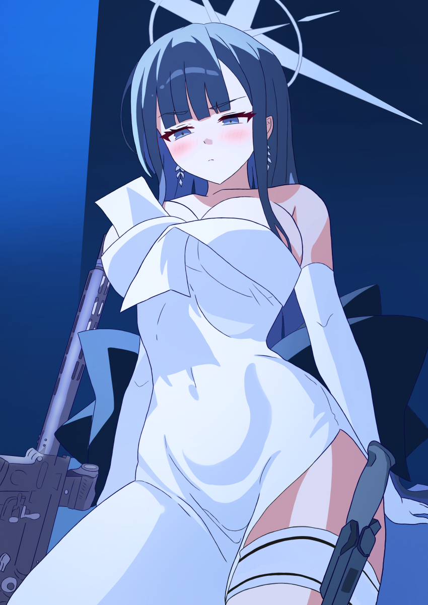 1girl absurdres assault_rifle bare_shoulders blue_archive blue_eyes blue_hair blunt_bangs blush breasts closed_mouth elbow_gloves from_below gloves gun highres holding holding_gun holding_weapon knife large_breasts leg_holster looking_down midang official_alternate_costume rifle saori_(blue_archive) saori_(dress)_(blue_archive) sig_516 sig_sauer weapon white_gloves