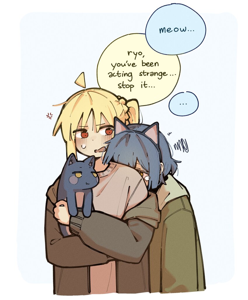 ... 2girls absurdres ahoge anger_vein animal animal_ear_fluff animal_ears blonde_hair blue_fur blue_hair blush bocchi_the_rock! cat cat_ears commentary detached_ahoge english_commentary english_text fake_animal_ears green_jacket grey_jacket head_on_another&#039;s_shoulder highres holding holding_animal hood hooded_jacket ijichi_nijika jacket jealous long_hair machuuu68 mole mole_under_eye multiple_girls open_clothes open_jacket ponytail red_eyes shirt side_ponytail simple_background sweatdrop tearing_up white_shirt yamada_ryo yellow_eyes yuri