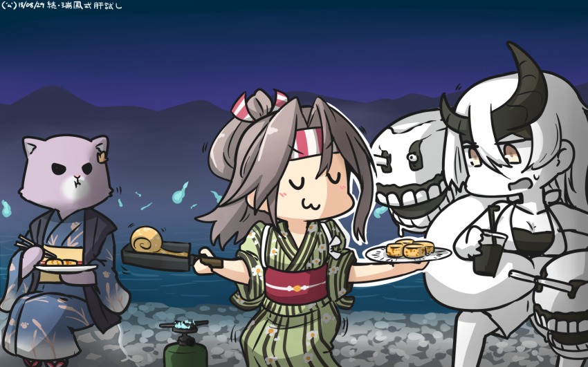 2girls :3 abyssal_ship alternate_costume animal animalization backpacking_stove cat closed_eyes colored_skin commentary_request dated food hachimaki hamu_koutarou hat headband heavy_cruiser_princess highres holding horns japanese_clothes kantai_collection kimono light_brown_hair long_hair makiyakinabe multiple_girls obi omelet portable_stove sash smile tama_(kancolle) tama_(yukata)_(kancolle) tamagoyaki u_u v-shaped_eyebrows white_hair white_hat white_skin yellow_eyes yukata zui_zui_dance zuihou_(kancolle)