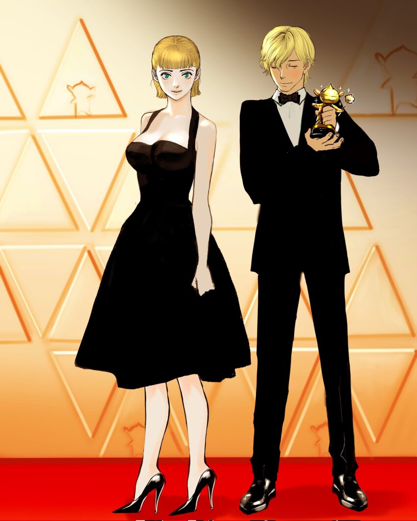1boy 1girl bare_legs berserk black_bow black_bowtie black_dress black_footwear black_jacket black_pants blonde_hair blue_eyes blush bob_cut bow bowtie breasts cleavage closed_eyes closed_mouth cocktail_dress corrupted_twitter_file dress expressionless farnese_(berserk) formal_clothes gold high_heels highres holding jacket light_smile lips looking_at_viewer mascot medium_breasts nisino2222 pants party red_carpet serpico_(berserk) shirt short_hair sleeveless statue tuxedo white_shirt