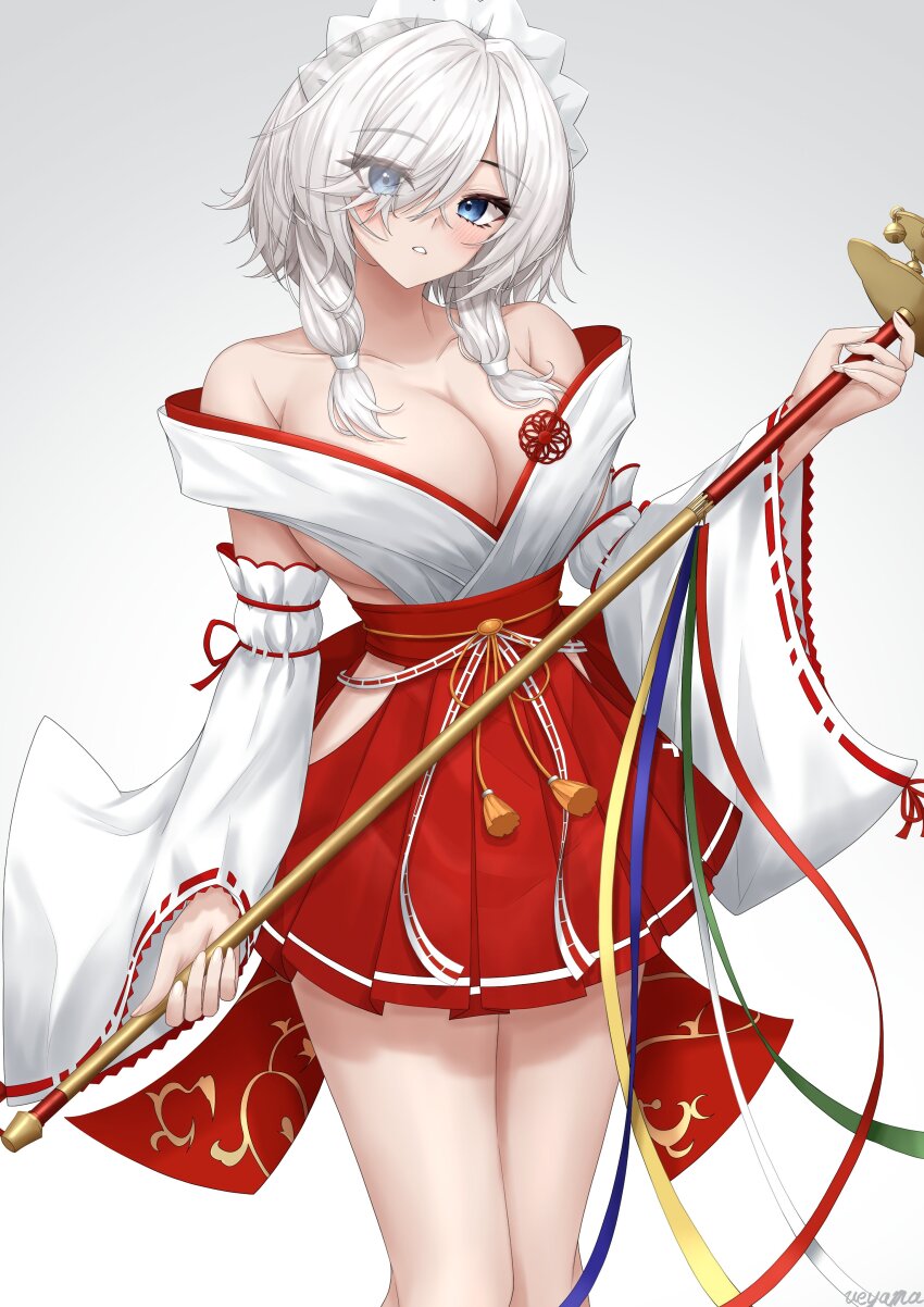 1girl absurdres azur_lane bare_shoulders bell blue_eyes breasts cleavage collarbone cowboy_shot dead_or_alive dead_or_alive_xtreme detached_sleeves eyes_visible_through_hair hair_over_one_eye hakama hakama_skirt hand_up highres hip_vent holding japanese_clothes jingle_bell kagura_suzu large_breasts light_blush luna_(doa) nontraditional_miko parted_lips red_hakama short_hair sidelocks simple_background skirt solo thighs ueyama_0clock white_background white_hair