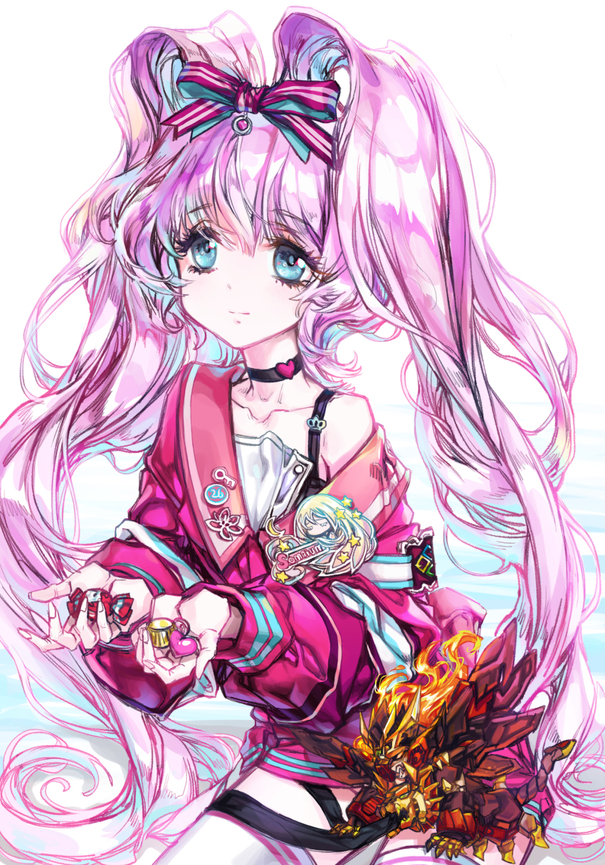 akamatsu_sakura bad_id bad_pixiv_id betterman black_choker blue_eyes blue_hair bow candy chibi choker collarbone flat_chest food genesic_gaogaigar greatwhite1122 hair_bow hakaiou:_gaogaigar_vs._betterman heart heart_choker highres holding holding_candy holding_food jacket mecha multicolored_hair off_shoulder pink_hair pink_jacket purple_bow robot smile streaked_hair thighhighs twintails white_thighhighs yuusha_ou_gaogaigar yuusha_ou_gaogaigar_final yuusha_series