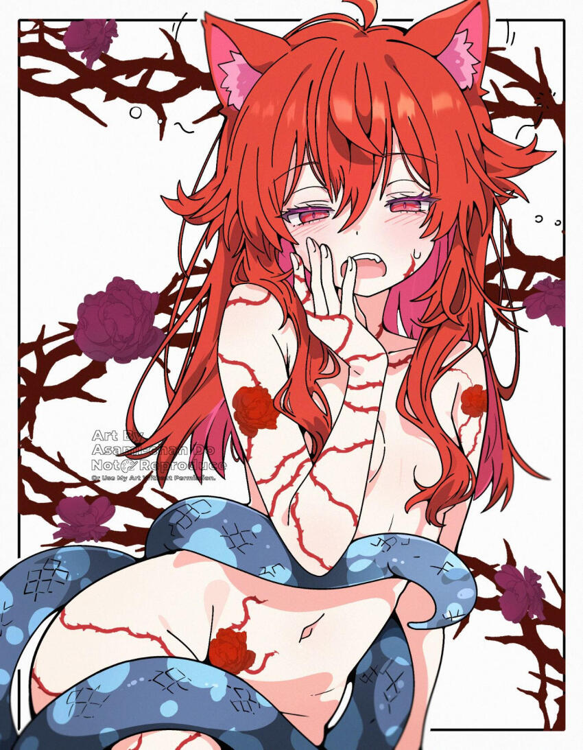 1girl animal_ears arm_tattoo asami-chan branch breasts commission facial_tattoo flower_tattoo hand_on_own_face highres indie_virtual_youtuber leg_tattoo long_hair looking_at_viewer navel nude open_mouth red_eyes red_hair rosaelyon sleepy small_breasts snake_tail stomach tail tail_around_waist tail_censor tattoo virtual_youtuber yawning