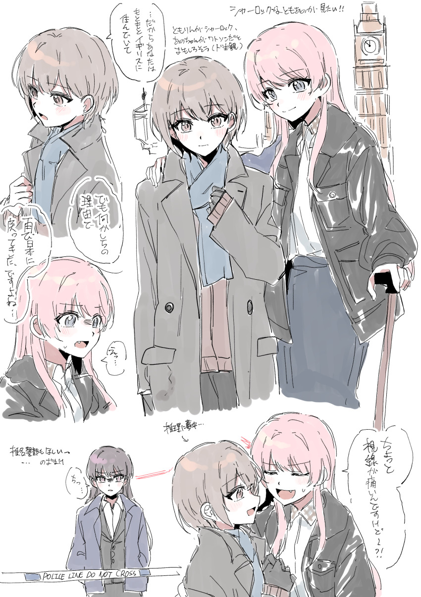 3girls absurdres bang_dream! bang_dream!_it&#039;s_mygo!!!!! black_gloves black_jacket blue_scarf blush brown_hair caution_tape chihaya_anon closed_mouth coat commentary_request elizabeth_tower fang gloves grey_coat grey_eyes grey_hair highres jacket long_hair multiple_girls open_mouth pink_eyes pink_hair purple_eyes scarf shiina_taki shirt short_hair speech_bubble suudori takamatsu_tomori white_shirt
