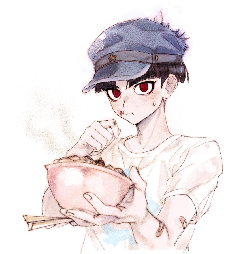 1boy bandaid bandaid_on_arm black_hair blue_hat bowl chopsticks food food_on_face good_end hat highres holding holding_bowl holding_chopsticks male_focus maruko_gaku print_shirt red_eyes shirt short_hair sweatdrop takumi_go_lucky the_hundred_line_-last_defense_academy- very_short_hair white_background white_shirt
