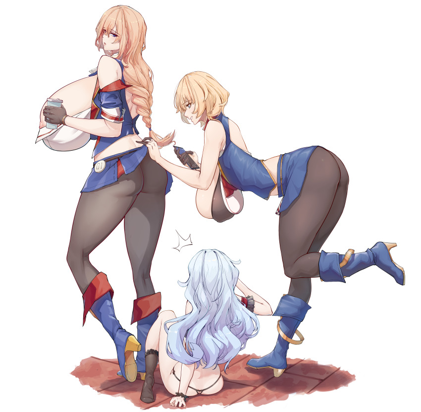 3girls absurdres accidental_exposure alternate_breast_size ankle_boots areola_slip ass black_legwear blue_footwear blush boots braid braided_ponytail breasts bursting_breasts butt_crack cellphone cleavage clothes_lift collarbone covered_erect_nipples cup curvy des_moines_(warship_girls_r) disposable_cup gigantic_breasts gloves hanging_breasts high_heel_boots high_heels highres holding holding_cup holding_phone huge_breasts lifting_another&#039;s_clothes long_hair looking_at_phone mature_female miniskirt multiple_girls newport_news_(warship_girls_r) nipple_slip nipples open_mouth pantyhose phone pleated_skirt sagging_breasts salem_(warship_girls_r) shirt skirt skirt_lift smartphone surprised thick_thighs thighs undersized_clothes wardrobe_malfunction warship_girls_r white_hair xiao_shei..