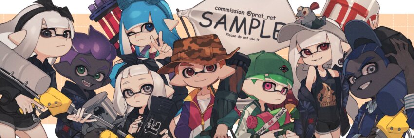 4boys 4girls aerospray_(splatoon) backwards_hat bandana bare_shoulders baseball_cap black_bandana black_eyes black_hat black_hoodie black_jacket black_shirt black_shorts black_tank_top blue_eyes blue_hair blue_hairband blue_hoodie blue_horns blue_shirt camouflage_headwear closed_mouth collared_shirt commentary commission creature_on_head dark-skinned_male dark_skin dolphin_shorts drawstring dress_shirt e-liter_4k_(splatoon) earrings english_commentary fake_horns fangs film_grain green_eyes green_hair green_hat grey_eyes grin hairband hand_in_pocket hat heavy_splatling_(splatoon) highres holding holding_weapon hood hood_down hoodie horn_hairband horns hydra_splatling_(splatoon) inkling inkling_boy inkling_girl inkling_player_character jacket jewelry leaf_print letterman_jacket long_hair looking_at_viewer multicolored_jacket multiple_boys multiple_girls nintendo one_eye_closed open_mouth orange_hair orange_hat pink_eyes pointy_ears prat_rat print_hoodie purple_hair red_eyes sample_watermark shirt short_hair shorts smallfry_(splatoon) smile splatoon_(series) splattershot_(splatoon) splattershot_jr._(splatoon) striped_clothes striped_shirt tank_top tenta_brella_(splatoon) tentacle_hair two-tone_shirt v-shaped_eyebrows very_dark_skin w watermark weapon white_hair white_jacket white_shirt