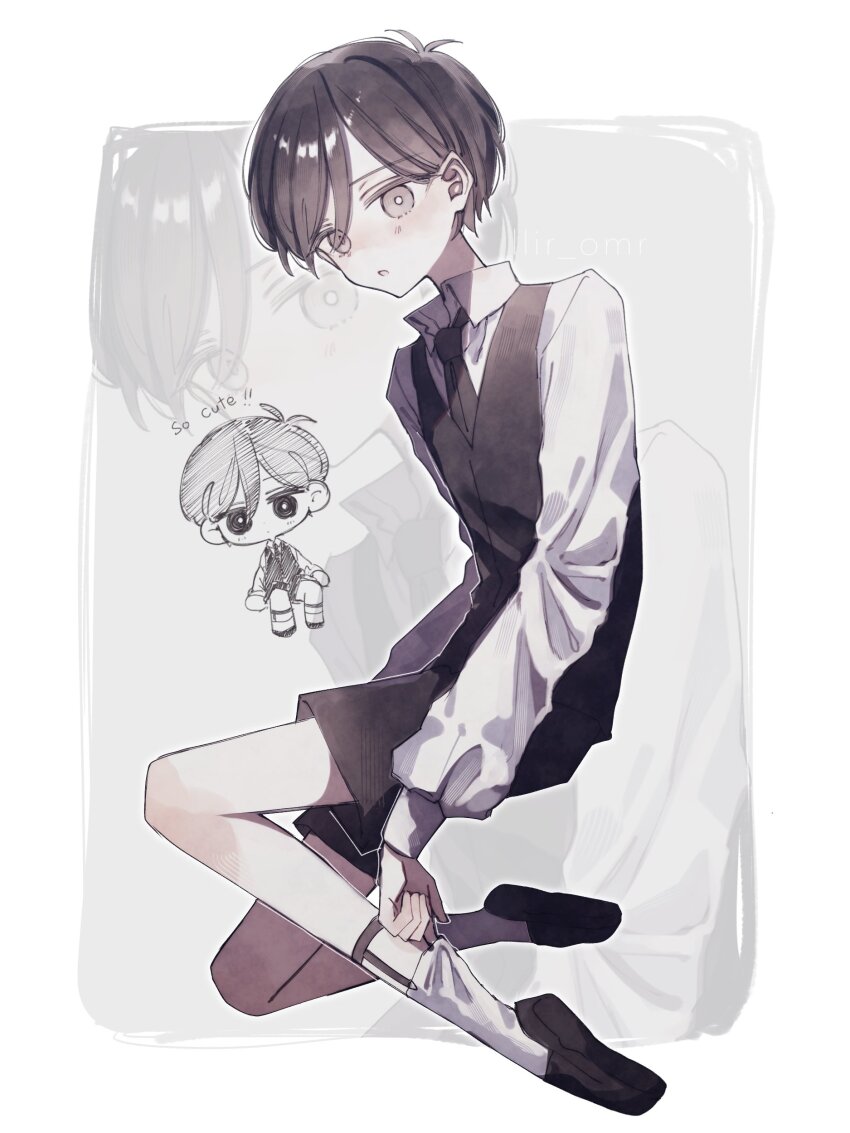 1boy absurdres alternate_costume black_eyes black_necktie bright_pupils chibi collared_shirt full_body hanabata0320 highres looking_at_viewer male_focus necktie omori open_mouth shirt short_hair socks solo sunny_(omori) white_pupils white_shirt white_socks