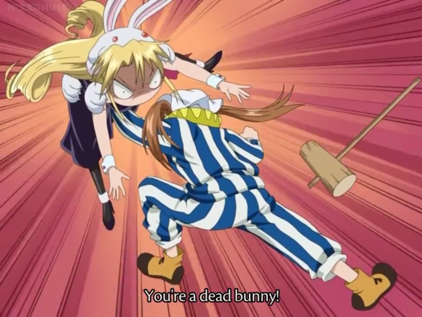 00s 2girls anime_screenshot blonde_hair brown_hair emphasis_lines full_body kannazuki_megumi multiple_girls muteki_kanban_musume onimaru_miki punching stomach_punch subtitled twintails