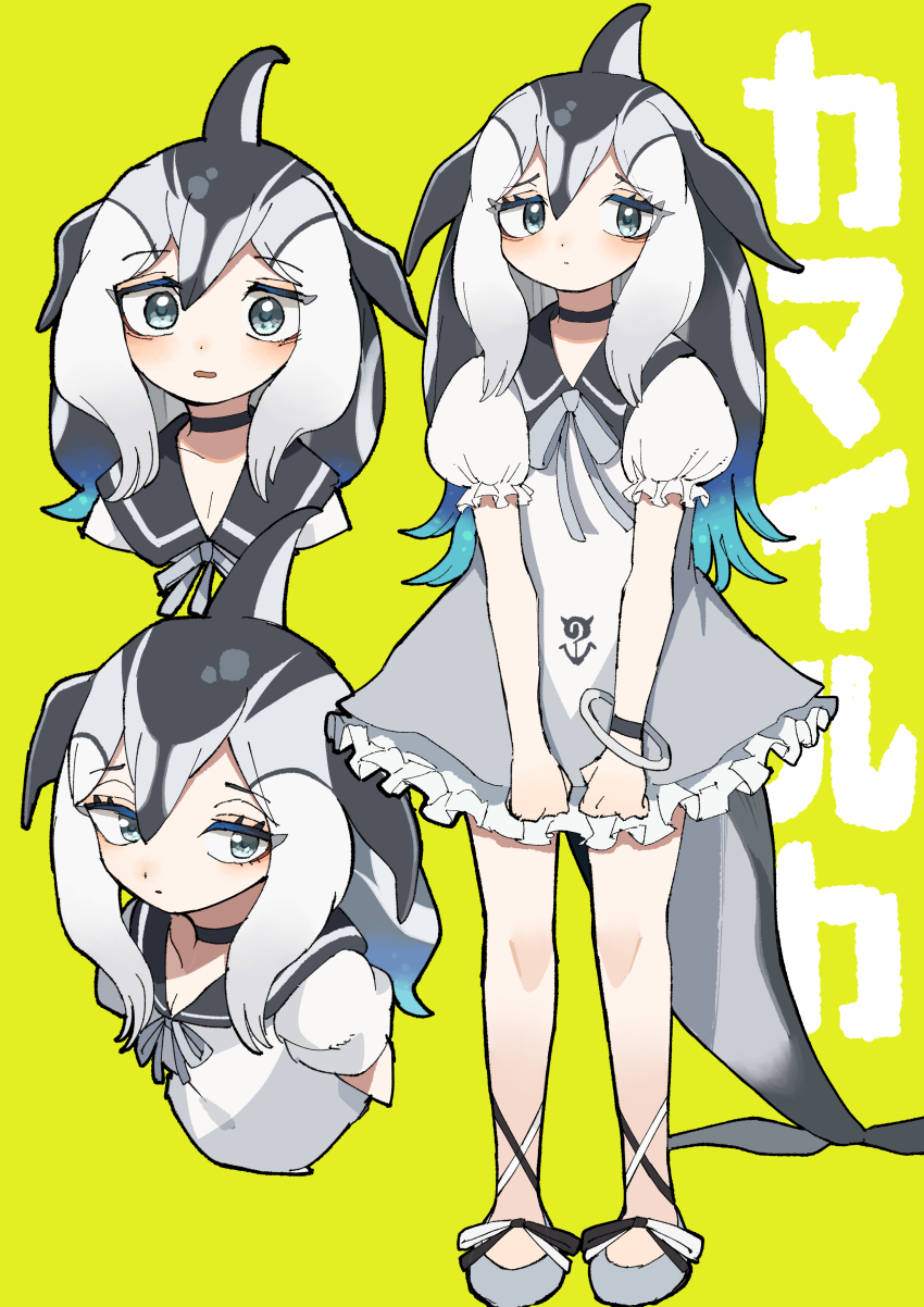 1girl absurdres black_choker black_hair blowhole blue_eyes blush bow bowtie bracelet cetacean_tail choker dolphin_girl dorsal_fin dress fins fish_tail frilled_dress frilled_sleeves frills full_body grey_bow grey_bowtie grey_dress grey_hair grey_shoes hair_between_eyes head_fins highres jewelry kanmoku-san kemono_friends kemono_friends_3 looking_at_viewer multicolored_hair multiple_views pacific_white-sided_dolphin_(kemono_friends) puffy_short_sleeves puffy_sleeves ribbon_shoes sailor_dress shoes short_sleeves sidelocks solo tail translation_request two-tone_dress white_dress white_hair yellow_background