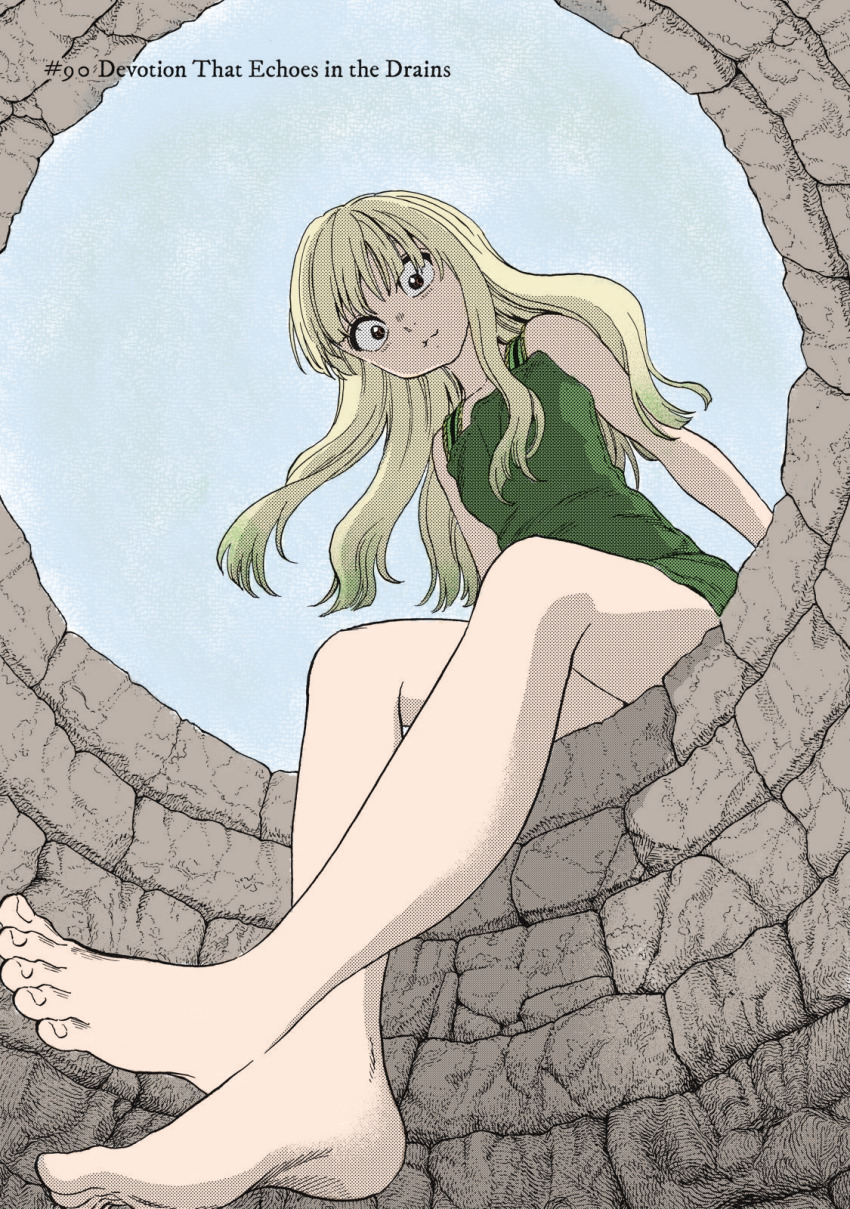 1girl bare_legs barefoot blonde_hair dress eko_(fumetsu_no_anata_e) feet foot_focus fumetsu_no_anata_e green_dress highres official_art tagme toes