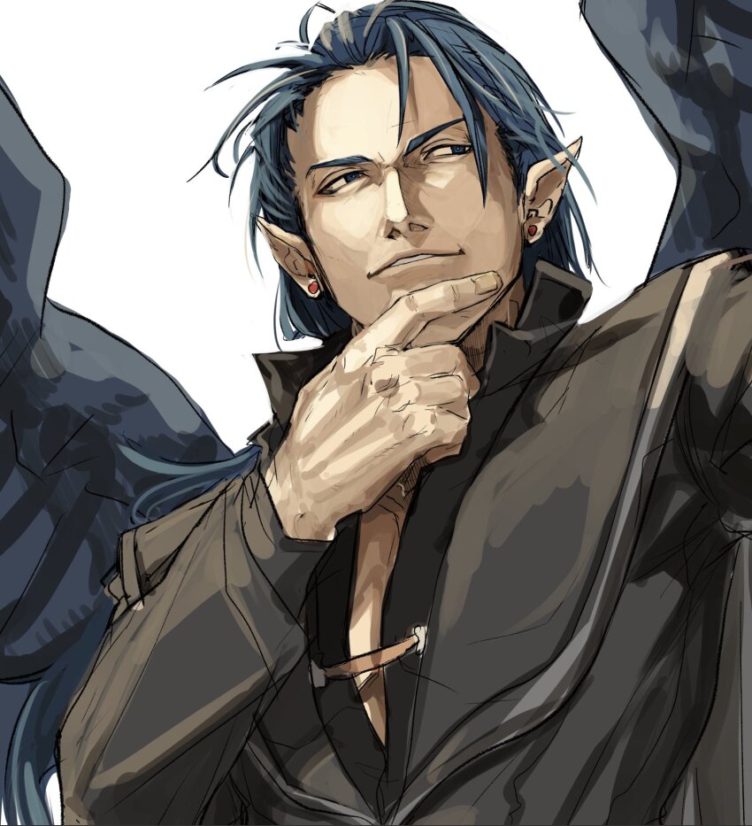 black_wings feathered_wings fire_emblem fire_emblem:_path_of_radiance fire_emblem:_radiant_dawn green_eyes hand_on_own_chin highres looking_to_the_side male_focus naesala_(fire_emblem) nintendo pointy_ears solo sutekina_yari wings