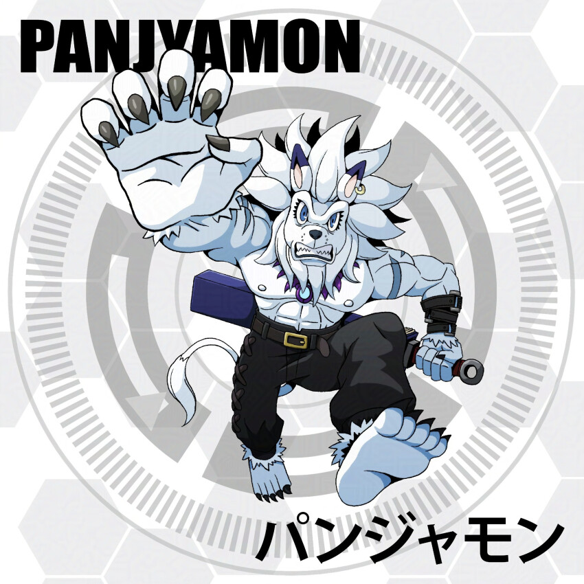 belt blue_eyes circle claws d_sandy digimon digimon_(creature) muscular muscular_male panjyamon solo