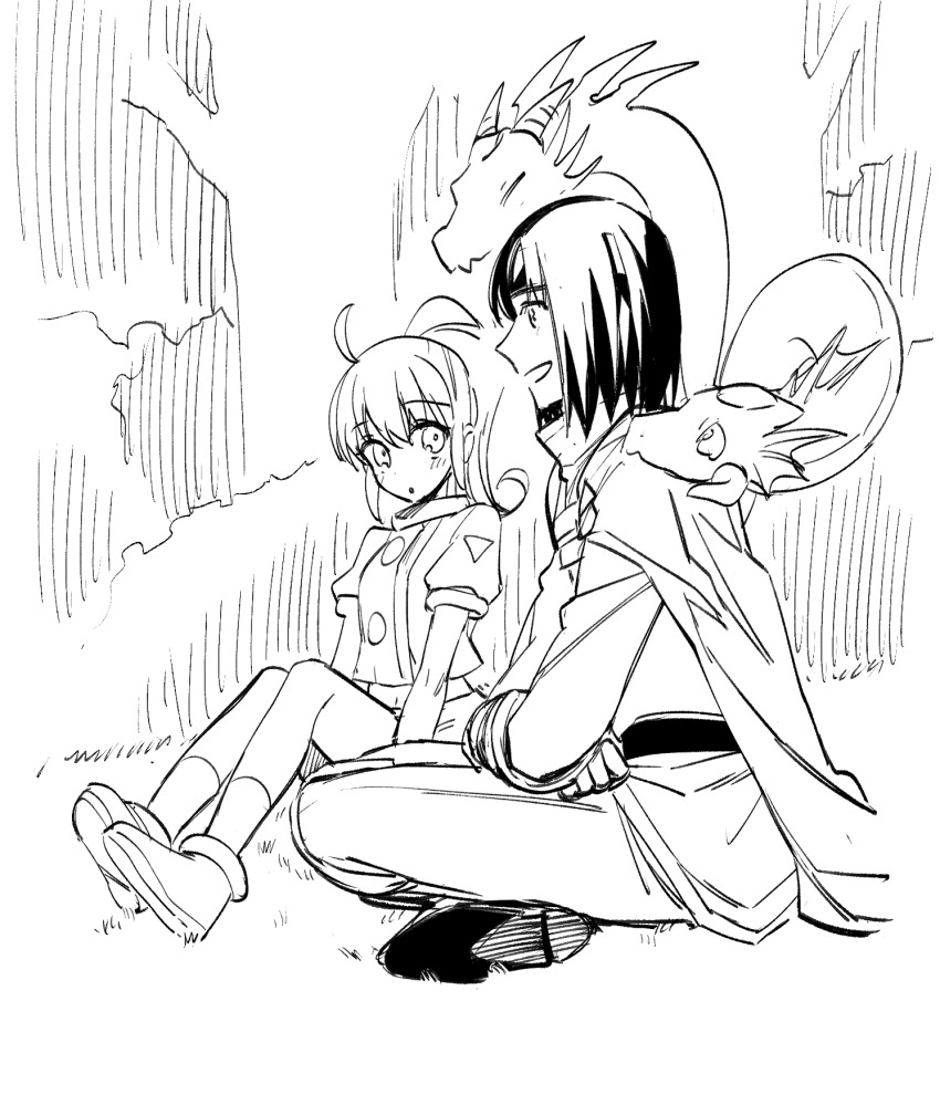 1boy 1girl ahoge ashton_anchors cape dragon full_body gloves greyscale highres long_hair midriff monochrome navel open_mouth ponytail precis_neumann protected_link skirt star_ocean star_ocean_the_second_story tree ycco_(estrella)