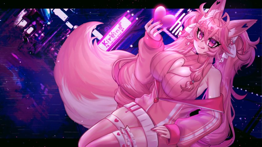 1girl animal_ear_fluff animal_ears breasts city cityscape cleavage cleavage_cutout clothing_cutout fluff fluffy fox_ears fox_girl fox_tail highres indie_virtual_youtuber jacket kireina_(osiimi) large_breasts licking_lips nail_polish neon_lights off_shoulder original osiimi pink_eyes pink_hair pink_jacket pink_thighhighs ribbed_sweater solo sweater tail thighhighs thighs tongue tongue_out twintails virtual_youtuber