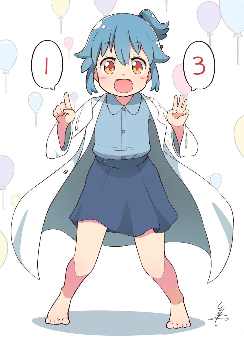 1girl :d absurdres balloon barefoot birthday blue_hair blue_shirt blue_skirt blush_stickers collared_shirt commentary_request female_focus finger_counting full_body highres index_finger_raised lab_coat long_sleeves looking_at_viewer open_mouth personification ponytail shirt sidelocks signature skirt smile solo spoken_number standing tsukigi twitter twitter-san_(character) twitter-san_(tsukigi) yellow_eyes