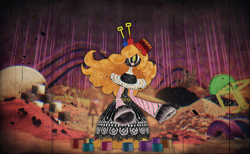 1girl abstract artist_request black_dress bucket dress film_grain frilled_sleeves frills full_body game_cg highres long_dress long_hair magia_record:_mahou_shoujo_madoka_magica_gaiden mahou_shoujo_madoka_magica mahou_shoujo_madoka_magica_magia_exedra official_art one-eyed orange_hair pink_sleeves sandbox shovel sleeves_past_fingers sleeves_past_wrists solo striped_sleeves toy_block very_long_hair wavy_hair witch&#039;s_labyrinth witch_(madoka_magica) yellow_eyes zenobia_(madoka_magica)