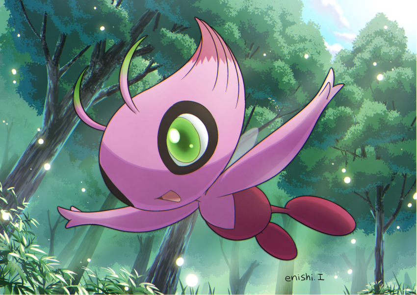 :d alternate_color bad_id bad_pixiv_id blue_sky celebi cloud cloudy_sky commentary_request creature day flying forest full_body gen_2_pokemon grass green_eyes happy highres legendary_pokemon mythical_pokemon nature nintendo no_humans open_arms open_mouth outdoors pokemon pokemon_(creature) pokemon_focus shiny_pokemon signature sky smile solo sunlight tree yukari_(yukari21653710)