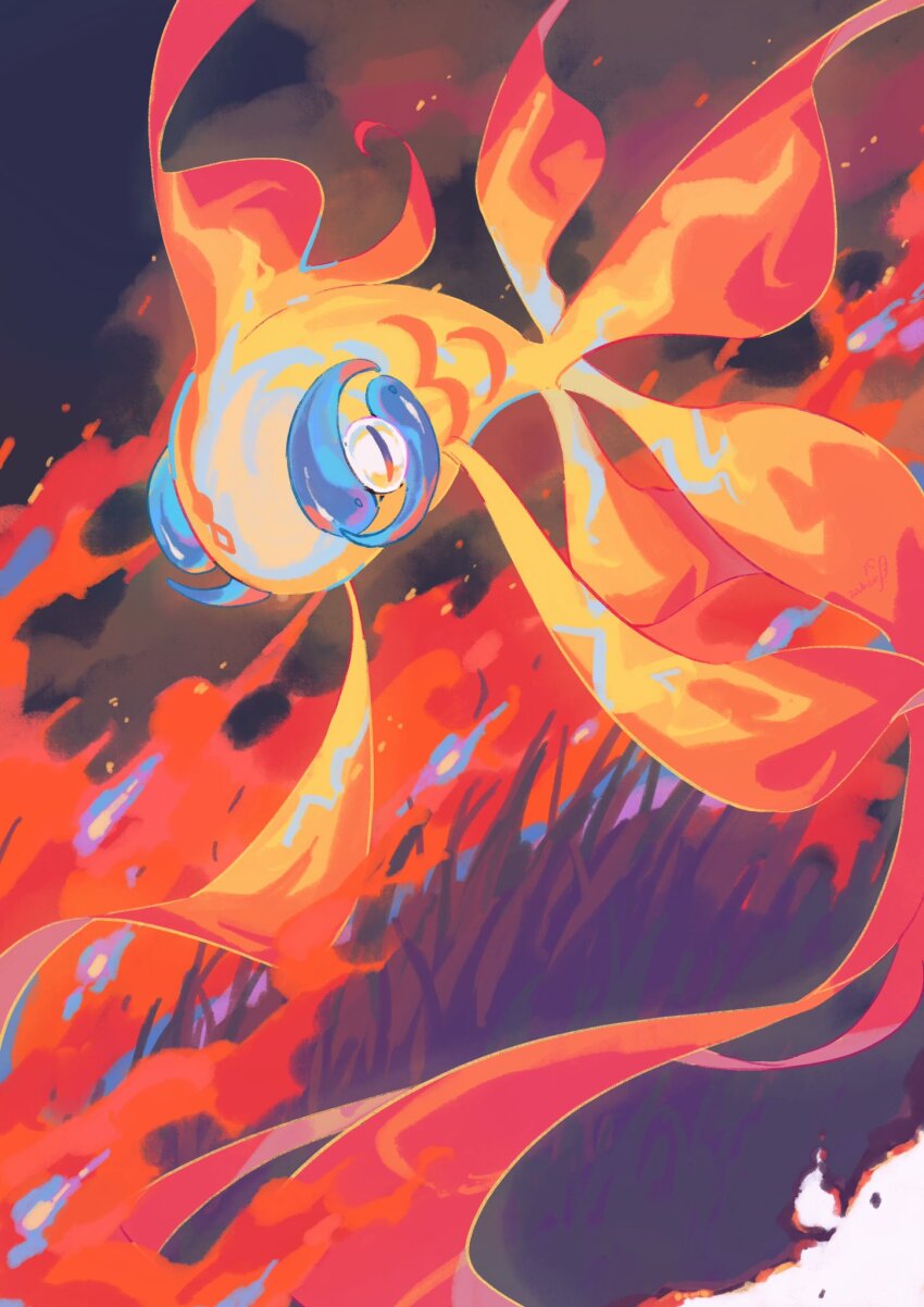 burning chi-yu_(pokemon) colored_skin fire fish floating grass highres looking_at_viewer multicolored_skin nintendo no_humans orange_skin pokemon pokemon_(creature) pokemon_focus red_skin slit_pupils solo two-tone_skin zaber_(littlesuzume)